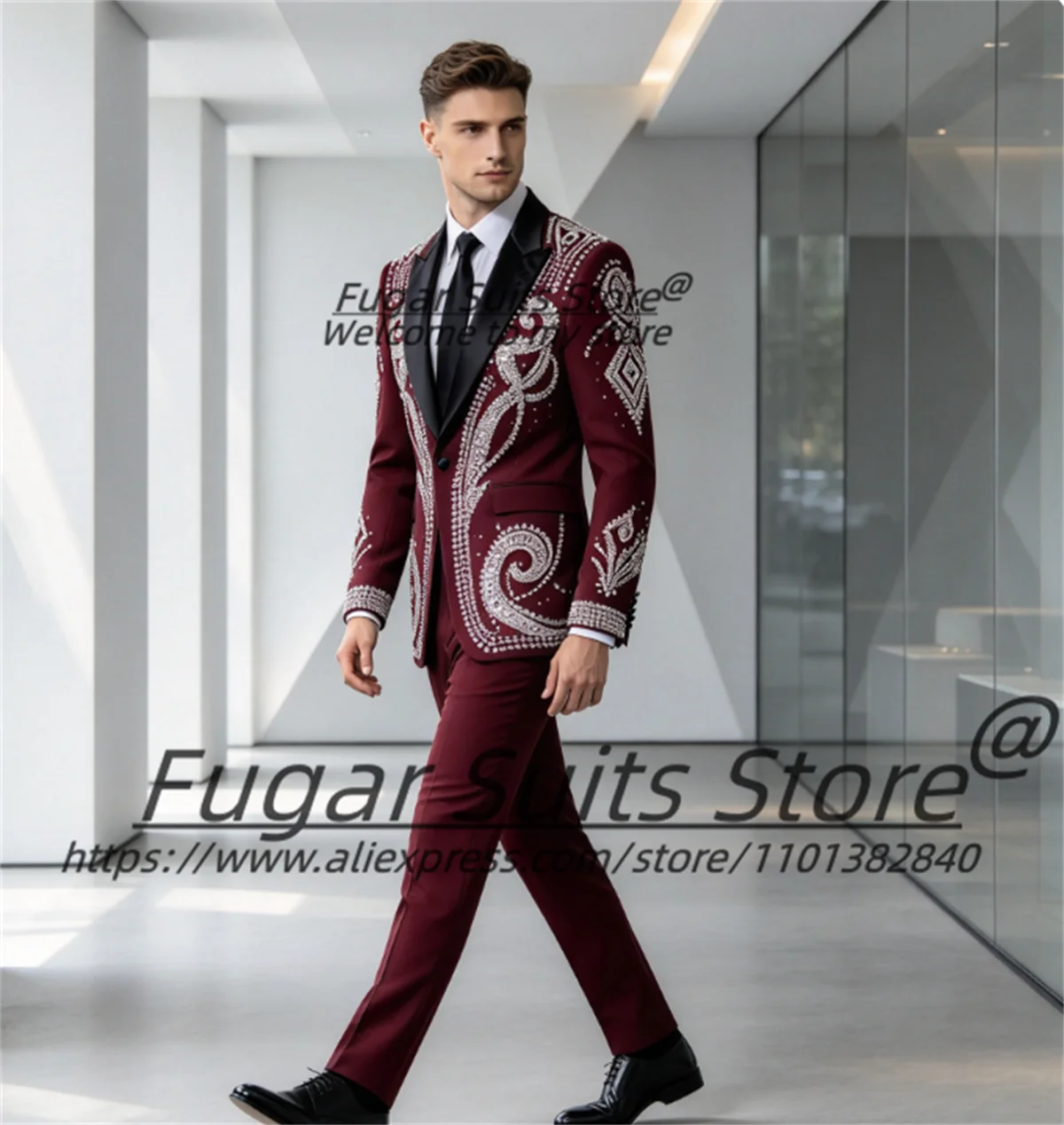 Luxury Burgundy Men Suits Customized  Handmade Rhinestone Beaded Shawl Lapel Groom Wedding Tuxedos 2 Pieces Sets Ropa Hombre