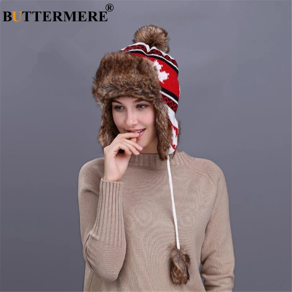 BUTTERMERE Red Russian Ushanka Hat Female Winter Warm Earflaps Fur Bomber Hats Caps Women Maple Leaf Christmas Beanies Pompom