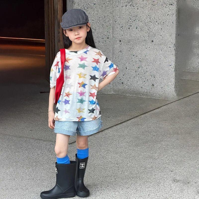 Girls Casual T-shirt Gradient Full Printed Watercolor Stars Short Sleeves T-shirt Girls Breathable Top 2026 New