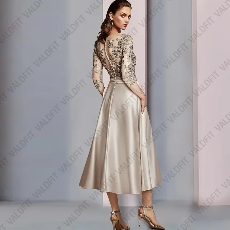 Customized Tea Length Mother of the Bride Dresses with Sleeves Wedding Party Dress vestidos de fiestas elegantes mujer boda