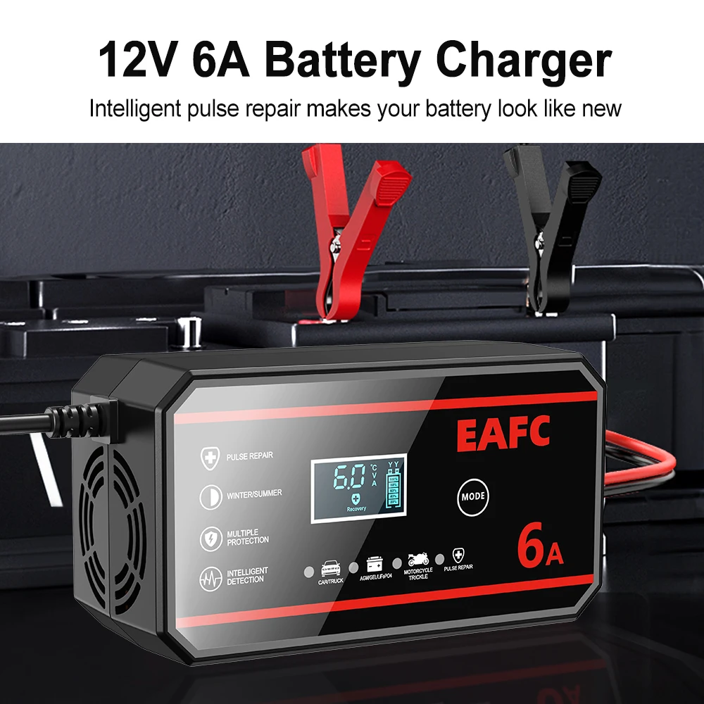 EAFC 6A /8A 12V Intelligentes Autobatterieladegerät Auto- und Motorradbatterieleinheit Blei-Säure-Batterie-Reparatur LCD-Display – Detail 1
