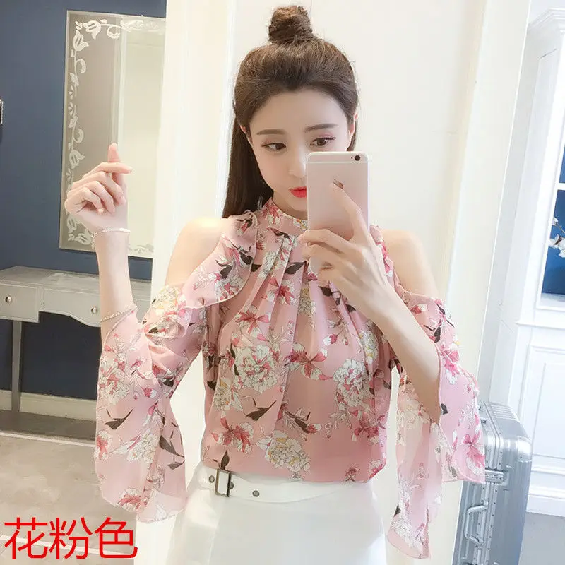 Chemisier à épaules dénudées en mousseline de soie pour femmes, chemise décontractée, ample, col montant, manches évasées, Sexy, imprimé élégant,