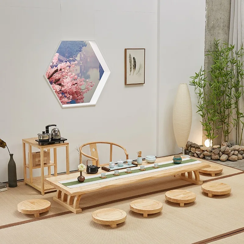 Japanese-style solid wood tea table, family living room tatami sitting on the floor making tea table tea room zen bay window