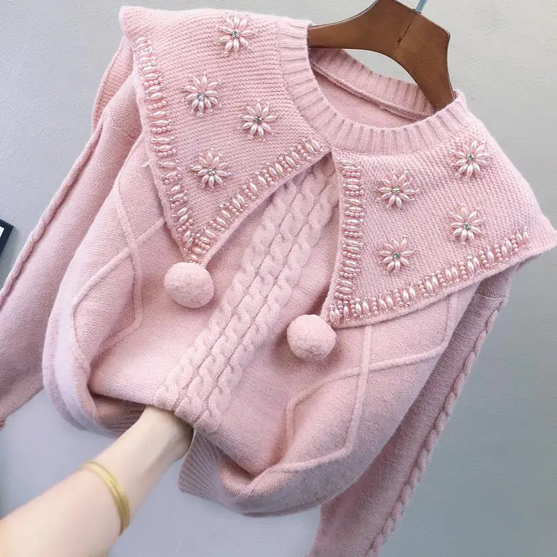 

2023 Autumn Winter New Jumpers Beading Design Sense Sweet Age Reducing Chic Pull Femme Unique Loose Grunge Vintage Sweater Y2k