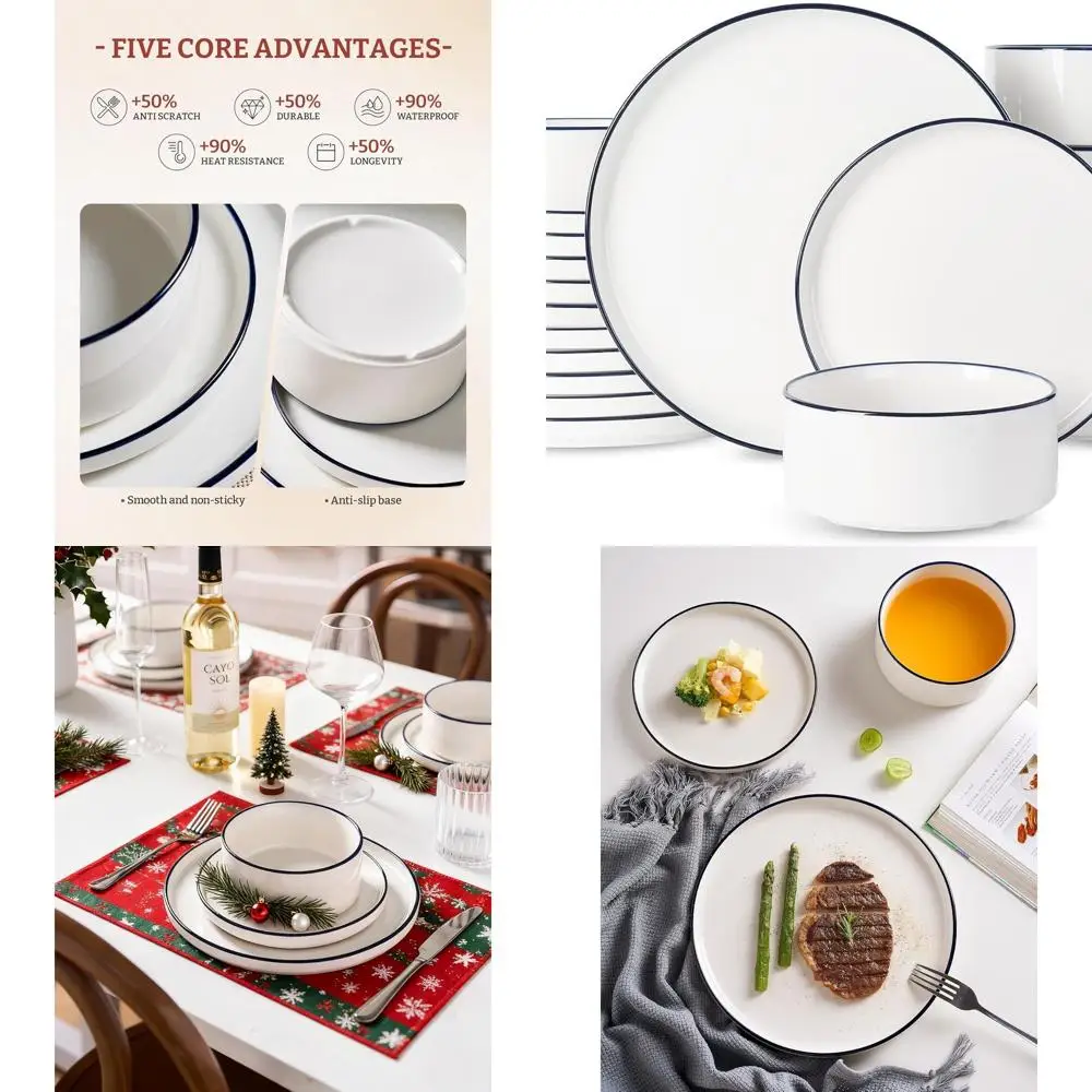 

Modern 18-Piece Porcelain Dinnerware Set, White with Blue Accents, Microwave and Dishwasher Safe, Service for 6