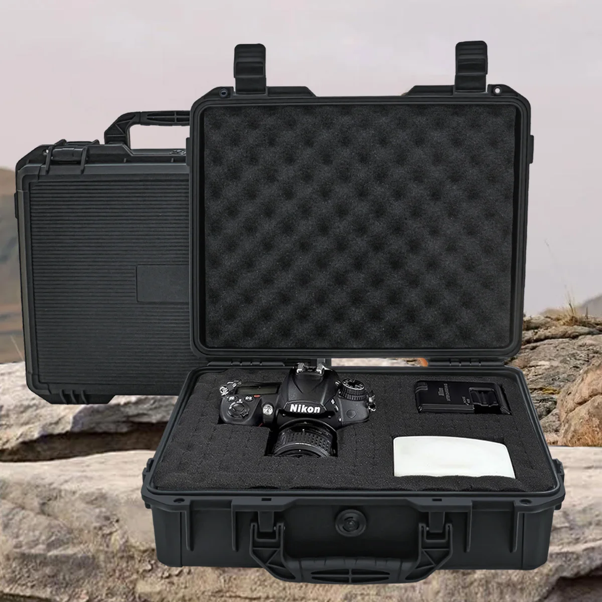 Waterproof and Durable Black Camera/tool Suitcase, Customizable Foam Interior, Portable, Safe Storage Case, Shock Resistant Case