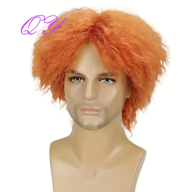 Men Short Orange Fluffy Afro Curly Wig Heat Resistant Synthetic Hair Wigs  Halloween Carnival Cosplay Party Costume Wig view 2