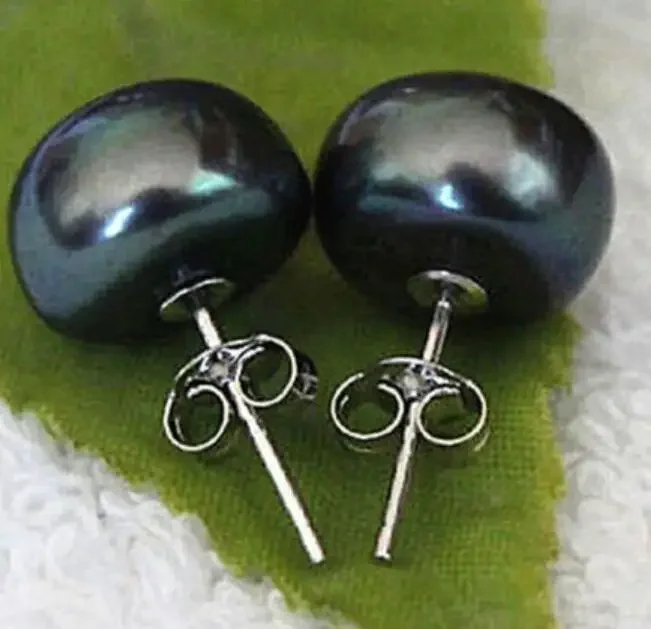 

Genuine Cultured Freshwater 10-11mm Black Pearl Stud Earrings Silver A0422