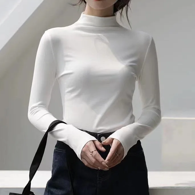 Slim Fit Womens Mock Neck Long Sleeve T Shirt Autumn Winter Solid Color Base Layer Soft Skin Friendly Seamless Undershirt