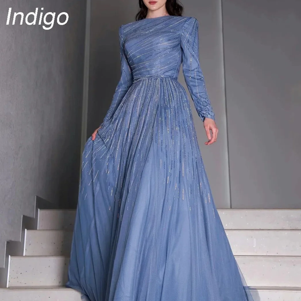 Indigo Prom Dresses O Neck Full Sleeves Beads A Line Floor-length Formal Occasion Dress For Women Vestidos De Gala  Customized