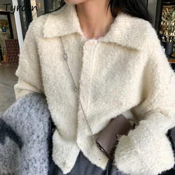 Knitted Cardigan Women Solid Fluffy Autumn Winter Tops Loose Gentle Turn-down Collar All-match Sweet Daily Female Korean Style