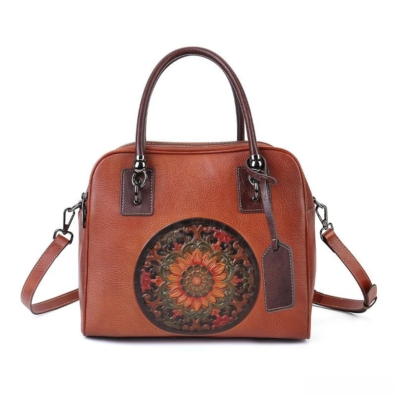 Vintage Work Shoulder Bag for Women Genuine Leather Top Grain Leather Embossed Adjustable Crossbody Strap Luxury Handbag