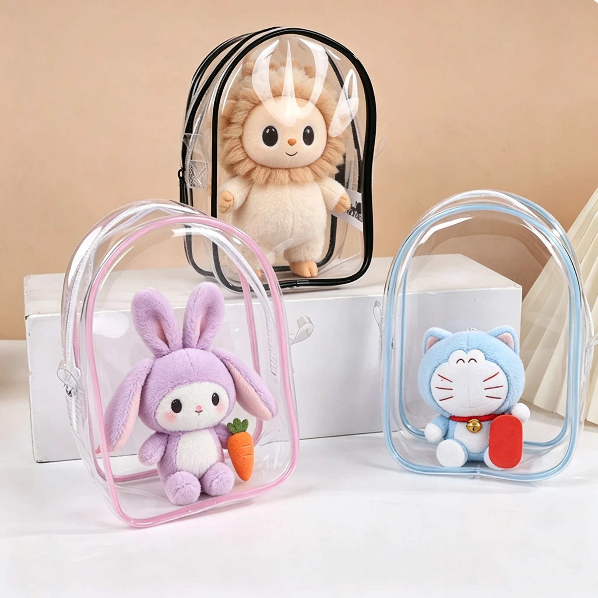 Candy Color Clear PVC Doll Bag Mini Crossbody Backpack, Dustproof Plush Figure Storage Pouch for Blind Box Dolls