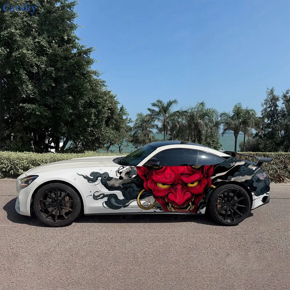 2pcs Japanese Oni Mask Hannya Car Side Wraps, Self-Adhesive PVC Waterproof & Scratch-Resistant Stickers, Car Accessory Gift