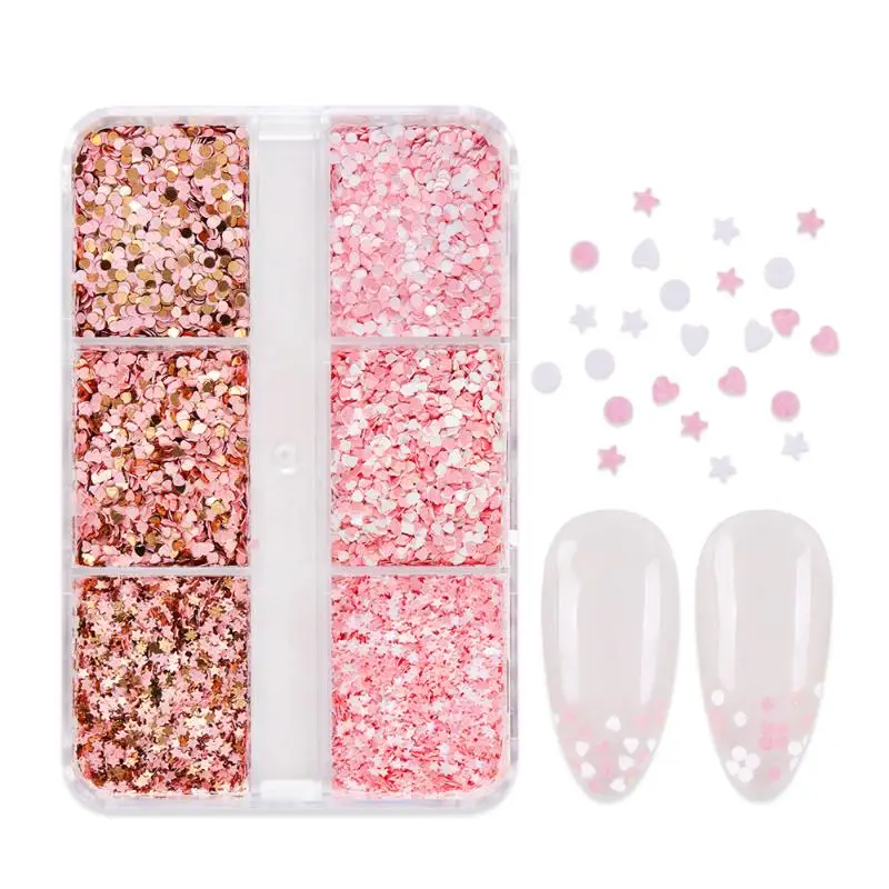 6 Grids Cute Heart Glitter Nail Sequins Kawaii Mini Golden Red Laser Love Round Nail Flake Korean Star DIY Nail Charm Supplies