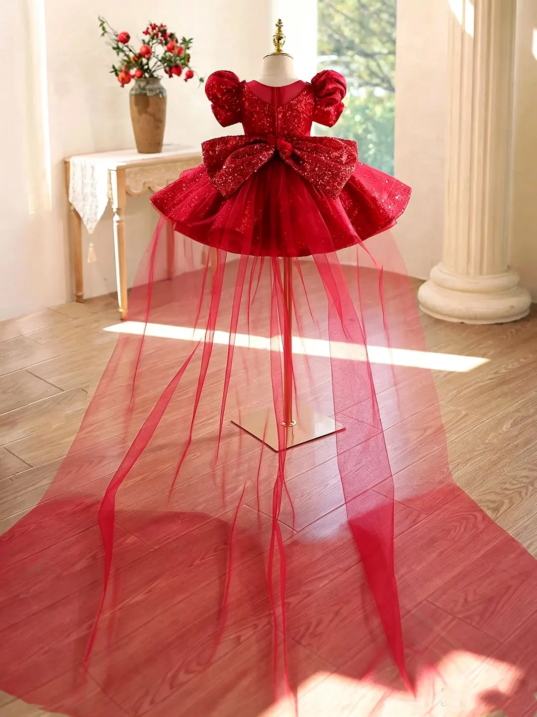 Jill Wish J925 Luxury Red Sequin High Low Flower Girls Dress Puff Sleeve Tulle Train Kids Birthday Pageant Party Robe 2026