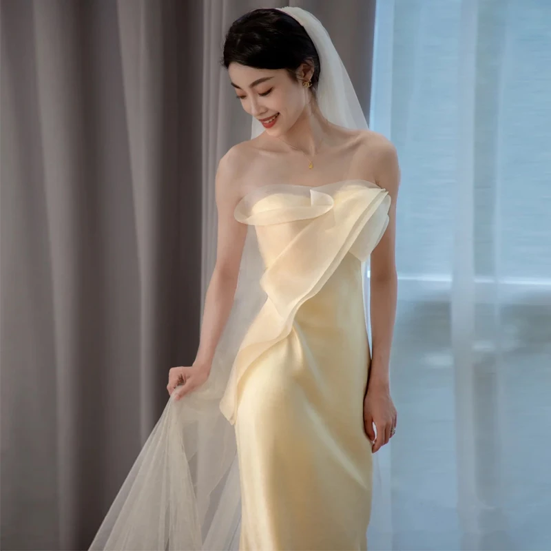 Korean Style Simple Wedding Dress 2024 New Outing Gown Bride Engagement Satin Tailoring Welcome Guest Dress Outdoor Lawn