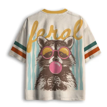 V Neck Mesh Jersey, Cute Raccoon Blowing Bubble Feral Letter Print Short Sleeve Loose Casual Mesh Jersey