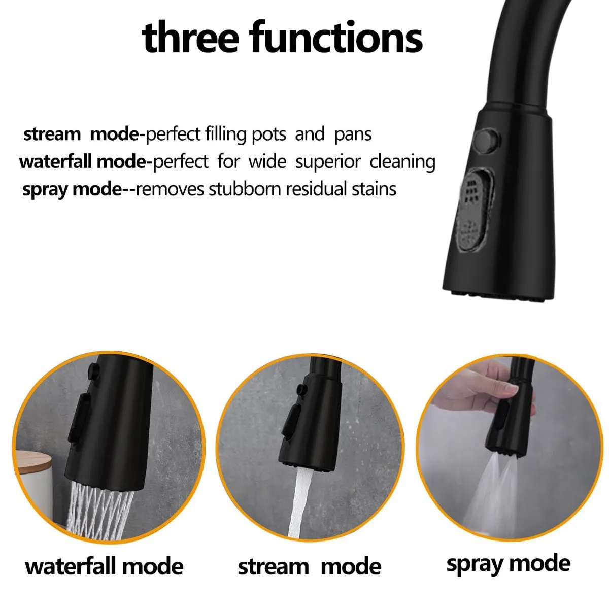 صنابير المطبخ مع فوهات قابلة للسحب، 360 درجة °   صنابير خلاط حوض المطبخ الدوارة، وصنابير خلاط المطبخ مع 3 أنماط للرش