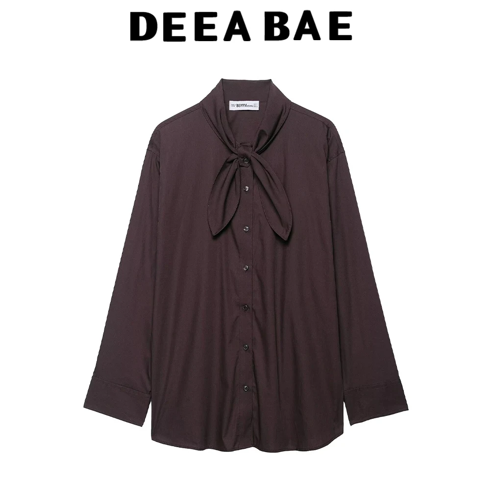 

DEEABAE 2025 autumn women's clothing minimalist style pleated decoration long sleeved scarf style collar poplin shirt