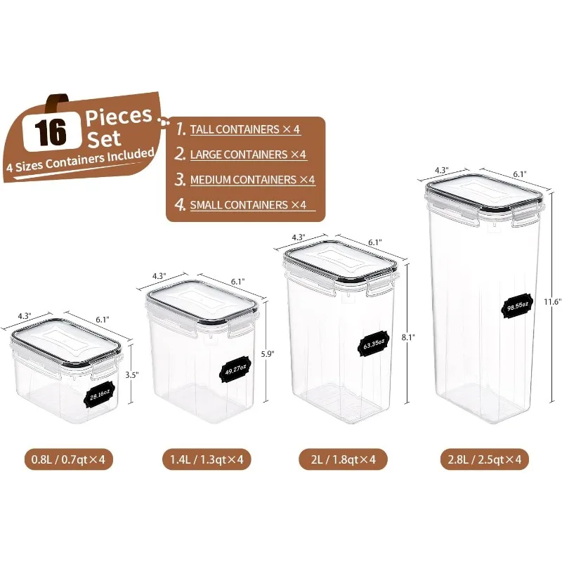 Airtight Food Storage Container Set, 16 Pcs Plastic Dry Food Canisters for Kitchen Pantry Organization and Storage (Black)