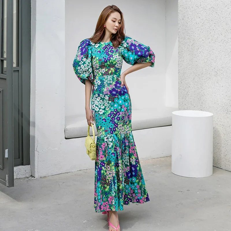 Ofallsis High End Floral Printed O neck Evening Dress 2023 New Women's Summer Style Puff Sleeved French Ruffle Hem Long Dresses