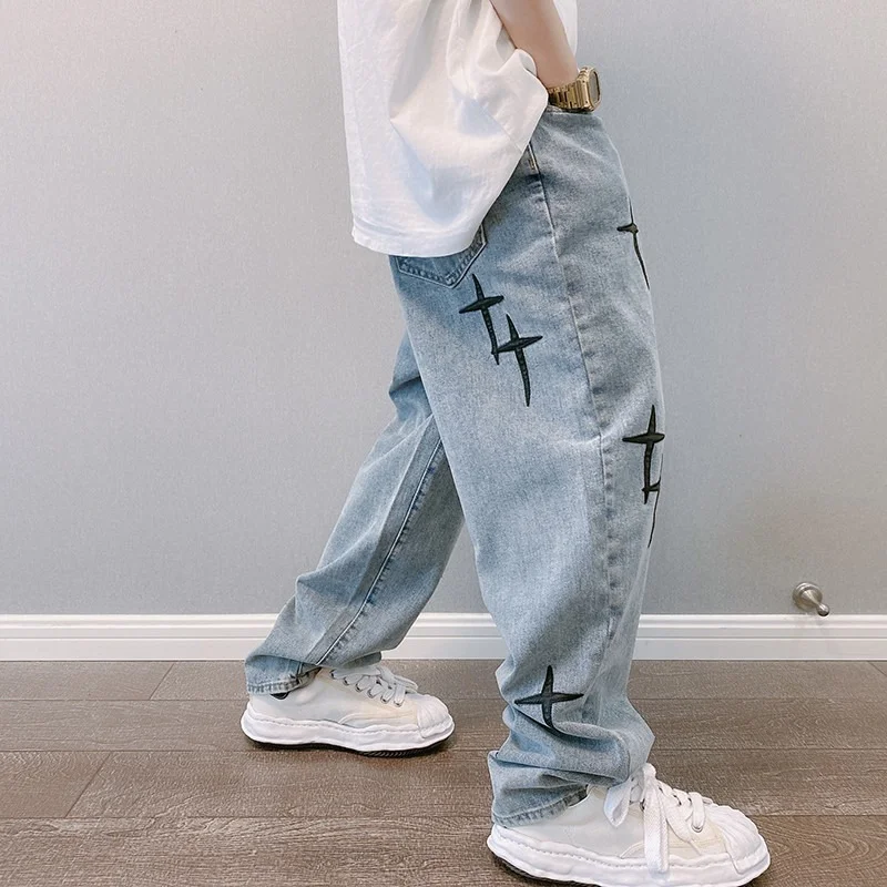 Autumn  High Street Wide Leg Cross  Embroidery Loose Straight Wide Lift Cow Ins  Brand Long Pants Jeans Men