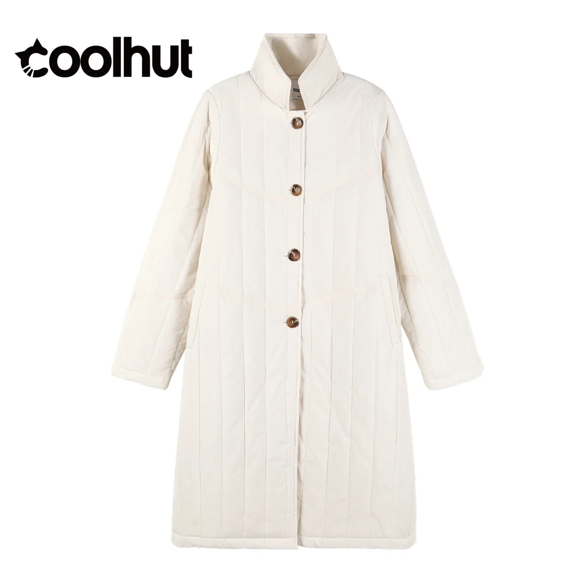 

COOLHUT женская стеганая куртка с длинными лацканами, зимнее пальто, легкая стеганая верхняя одежда с вертикальной строчкой, свободная посадка