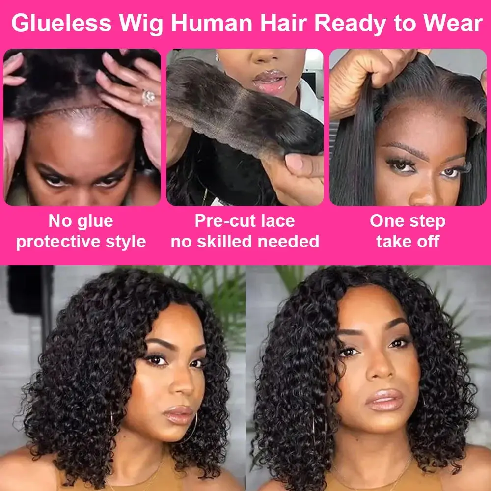 Indian Hair Glueless Short Curly Bob Hair Wig Human Hair 4x4 HD Lace Closure Wigs Wear To Go Lace Frontal Wig Water Wave Cut Wig