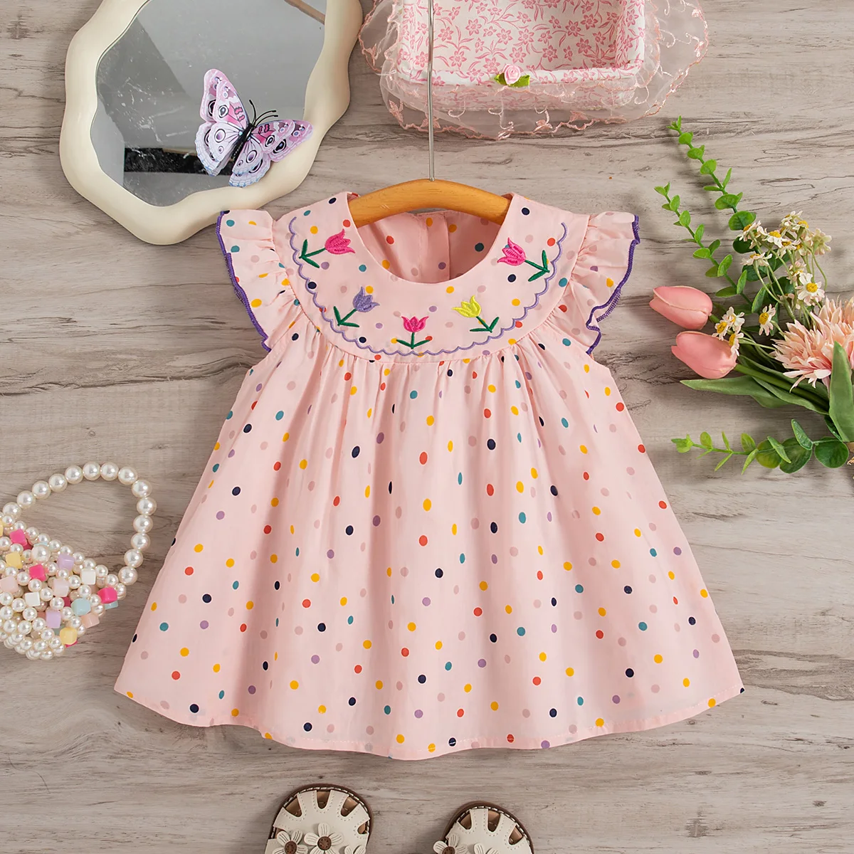 

Summer Women's Clothing New Polka Dot Flower Embroidered Dress Stylish Princess Round Neck Small Flying Sleeve Skirt