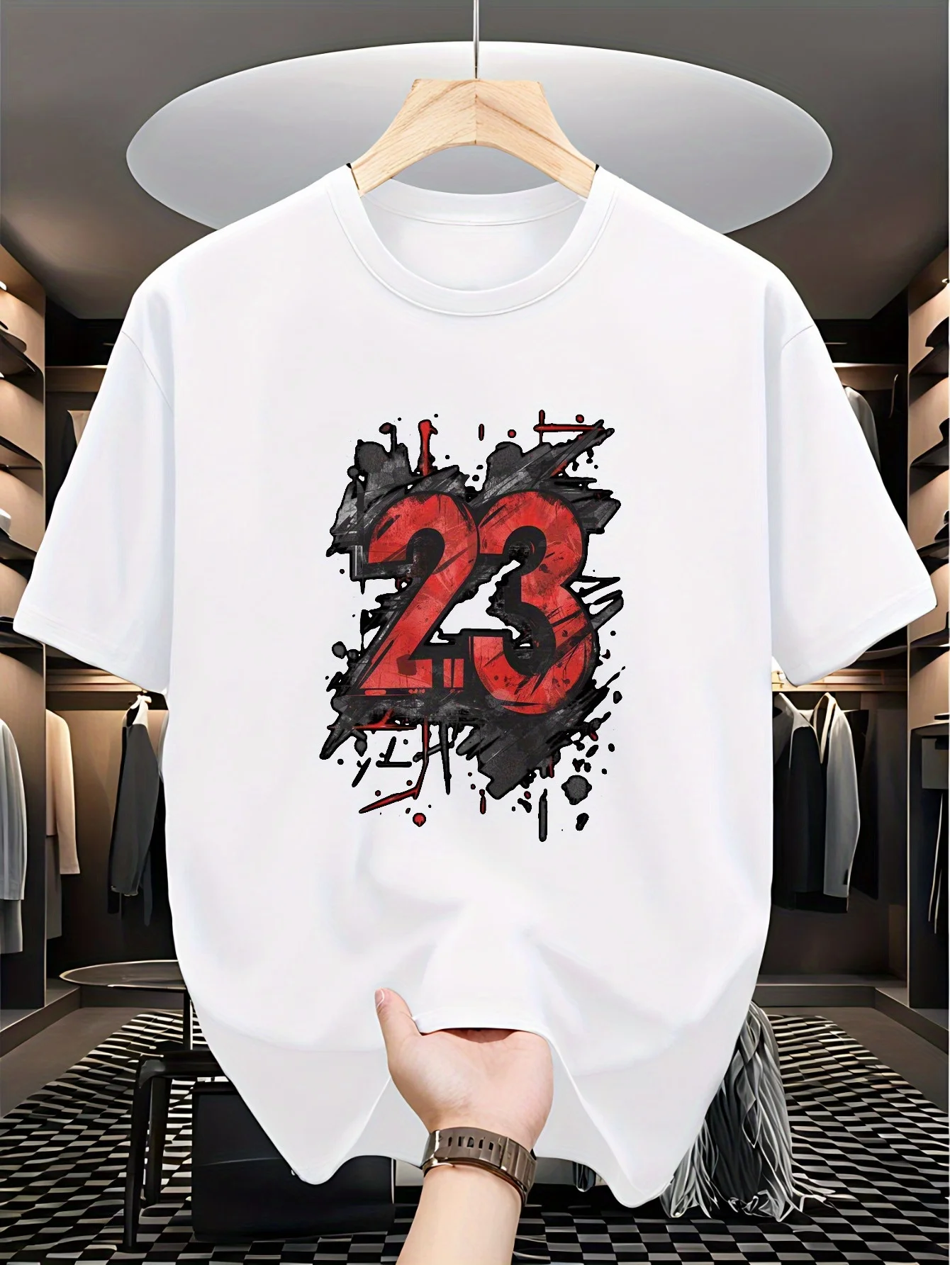 Men'S T-Shirt - Model No. 23 with Splatter Paint Effect Pattern, Suitable for Casual Wear, Round Neck Design and Bold Prints, Short-Sleeve Street Style, Men'S Sports T-Shirt, Men'S Sports Digital Print T-Shirt, Knit Style T-Shirt, Plus Size