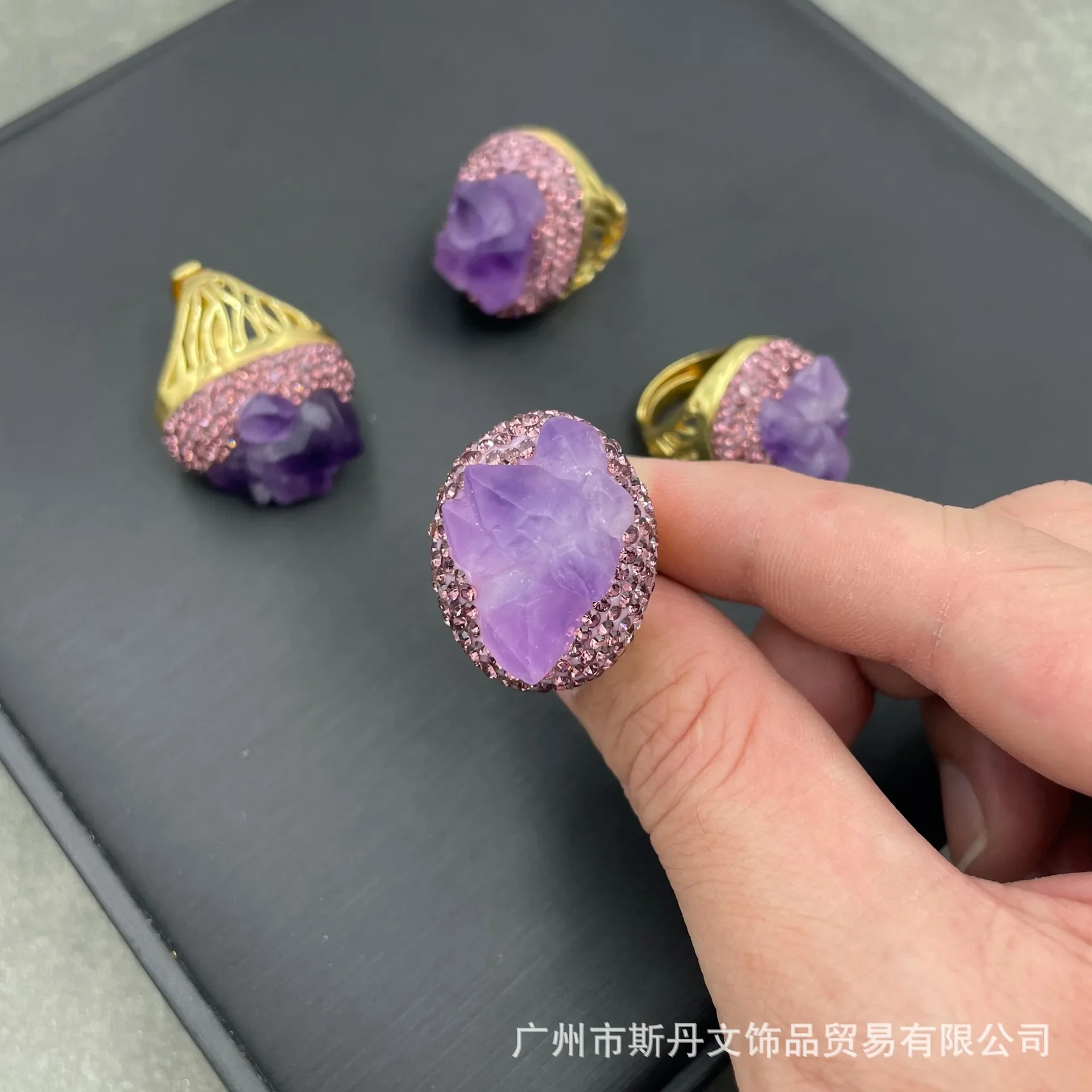 Natural raw ore amethyst flower rough stone ring European and American inlaid Czech diamond ring niche personality cross-border