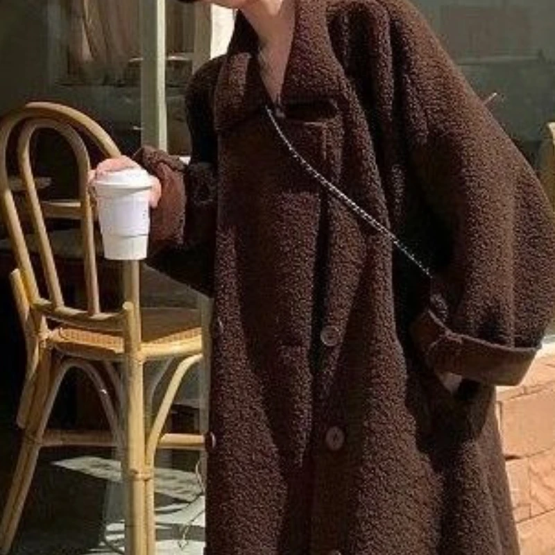 Brown Trench Coat Women's Autumn and Winter New Lamb Wool Medium and Long High Sense