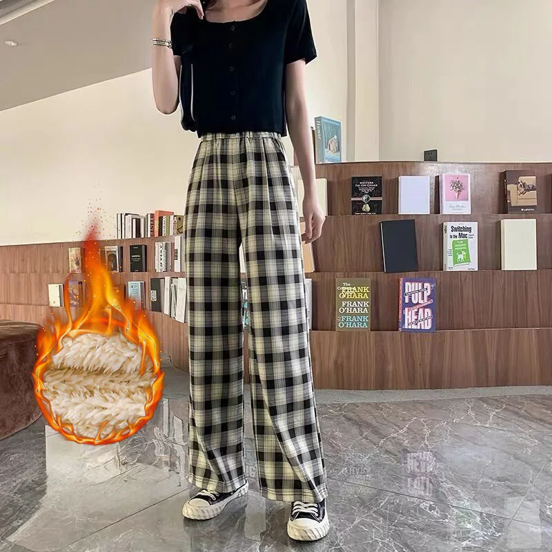 2024 new high waist loose plaid pajama trousers  Women\'s spring, autumn and winter leisure thin straight wide leg pajama trouser