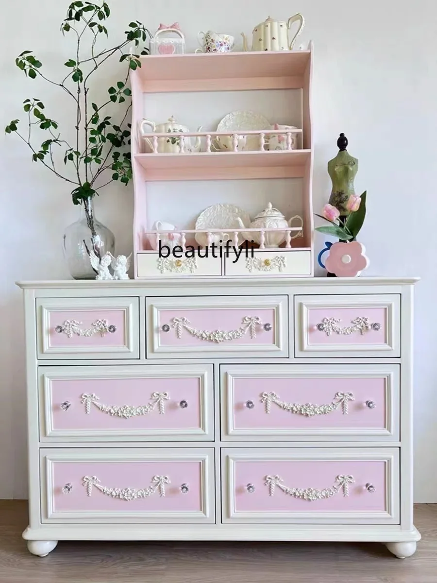 

Custom French Retro Solid Wood 7-Drawer Cabinet Pink Home Entrance Cabinet Princess Storage Locker Log Carved TV Cabinet