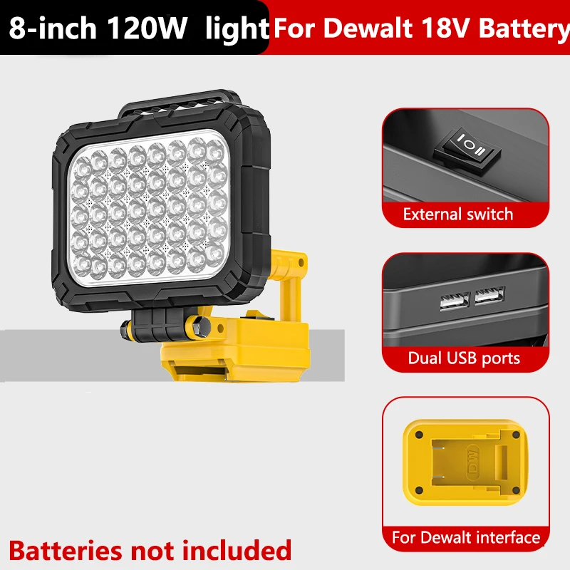 LED-werklantaarn voor Dewalt 18V 20V Li-ion batterij met dubbele USB-poorten Heldere draagbare lamp voor reparatie-aanpassing 3/4/5/8inch