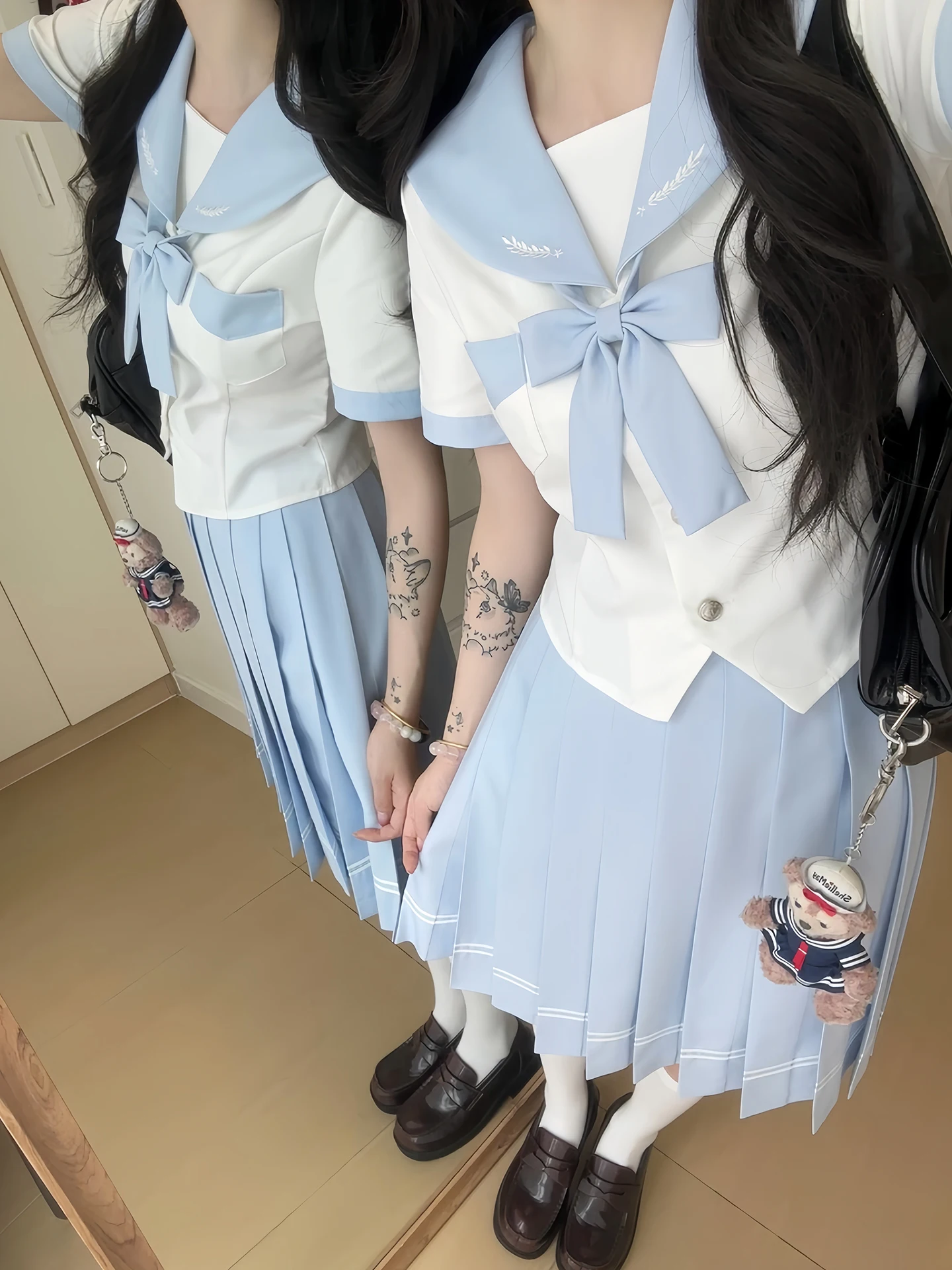 Original Small Bud Clear Mountain Company JK Uniform Short Sleeve Waist Cinched School Color Set Summer Thinming Polyester