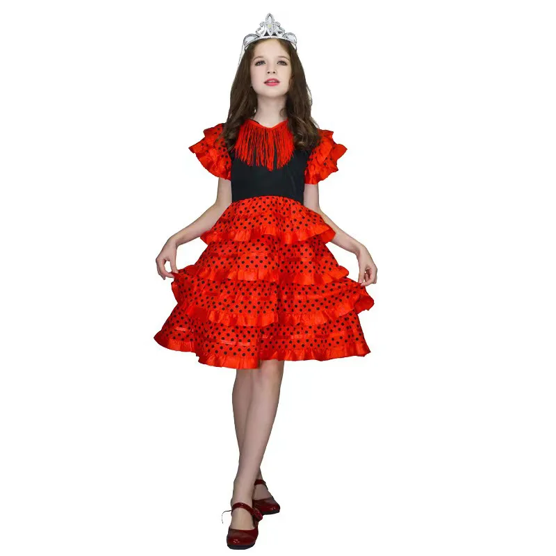 Vestido de baile flamenco español tradicional para niñas falda clásica de estilo gitano Flamengo Festival de corrida de toros chica mexicana roja