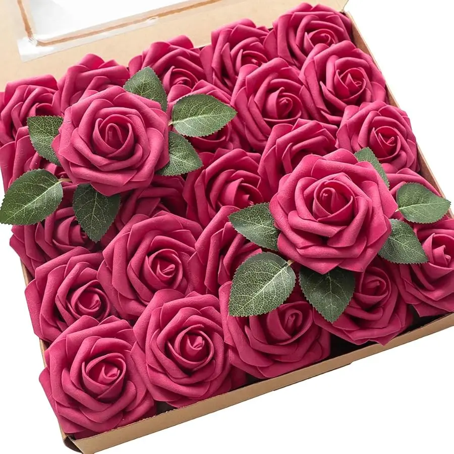

Artificial Flowers 25pcs Real Looking Fuchsia Foam Fake Roses with Stems for DIY Wedding Bouquets Bridal Shower Centerpieces Flo