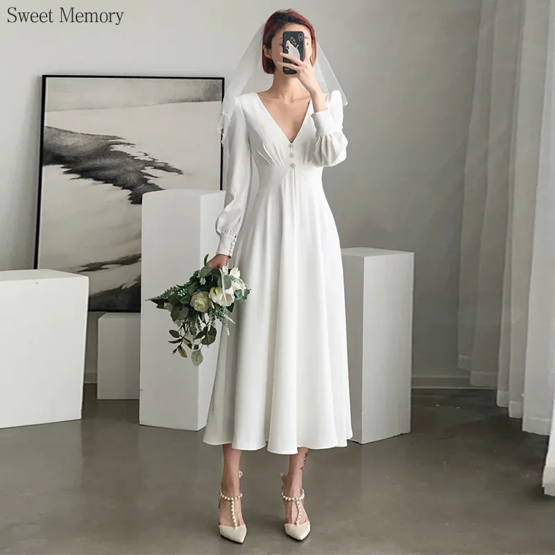 

A8138 Full Sleeves Chiffon Wedding Dresses Girls Clothes Sweet Memory Formal Dress Women Elegant V-Neck White Party Dress