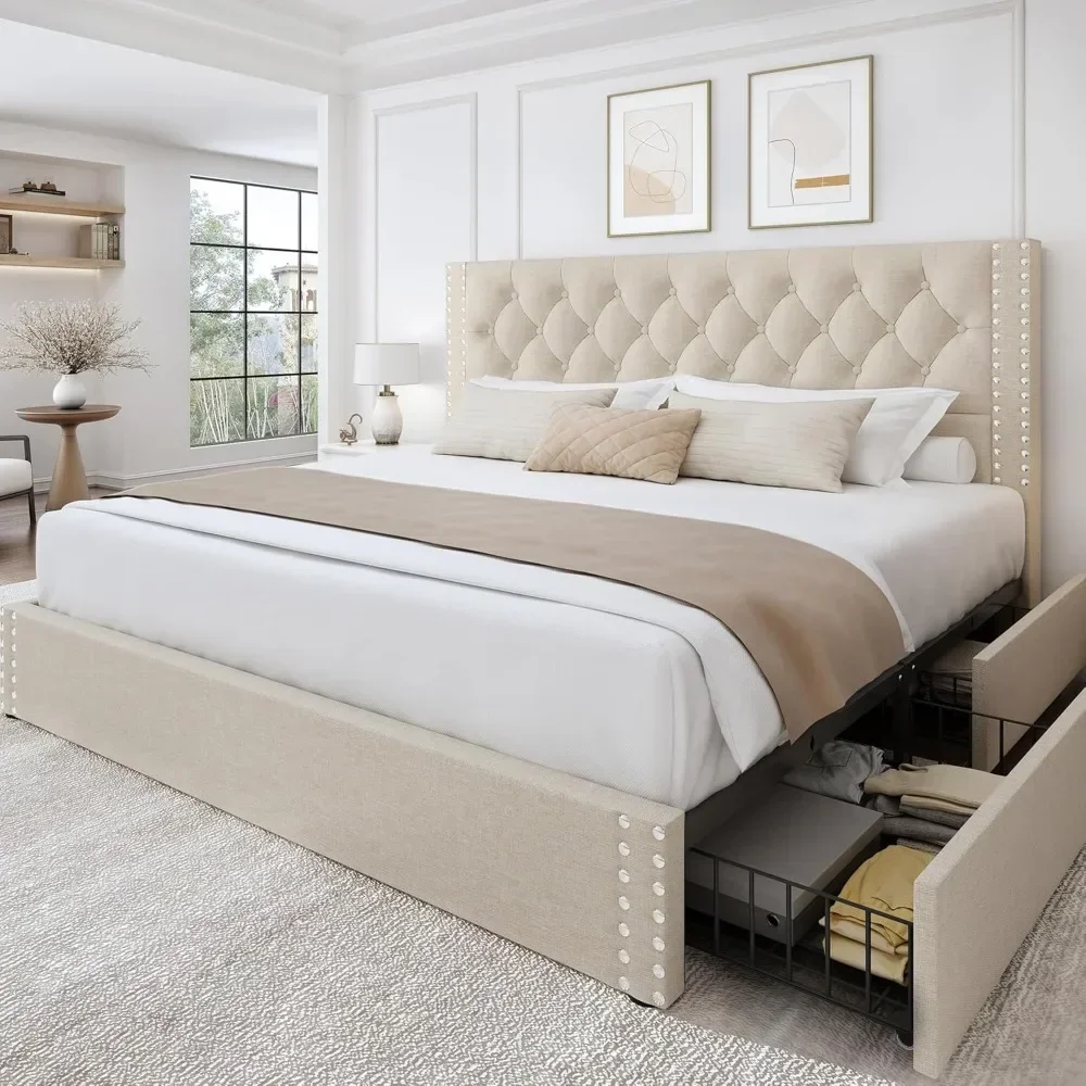 Platform Bed Frame with 4 Storage Drawers and Headboard Linen Upholstered Bed Frame Tufted Beds，No Box Spring Required