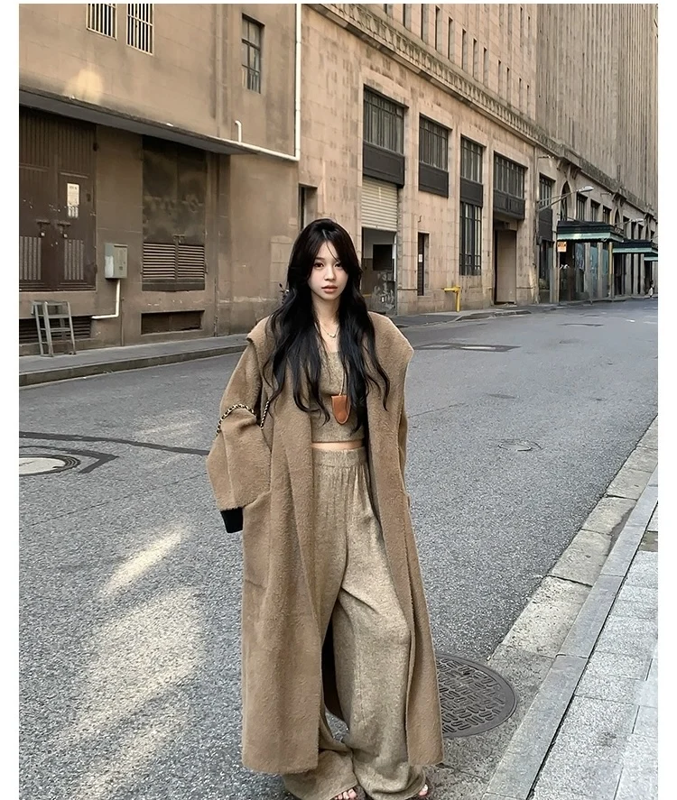 

Korean Sle Long Thiened Knitted Batobe Coat Women's Autumn Winter Loose Fit Hat Hooded Faux Mink Coat Warmth Heating