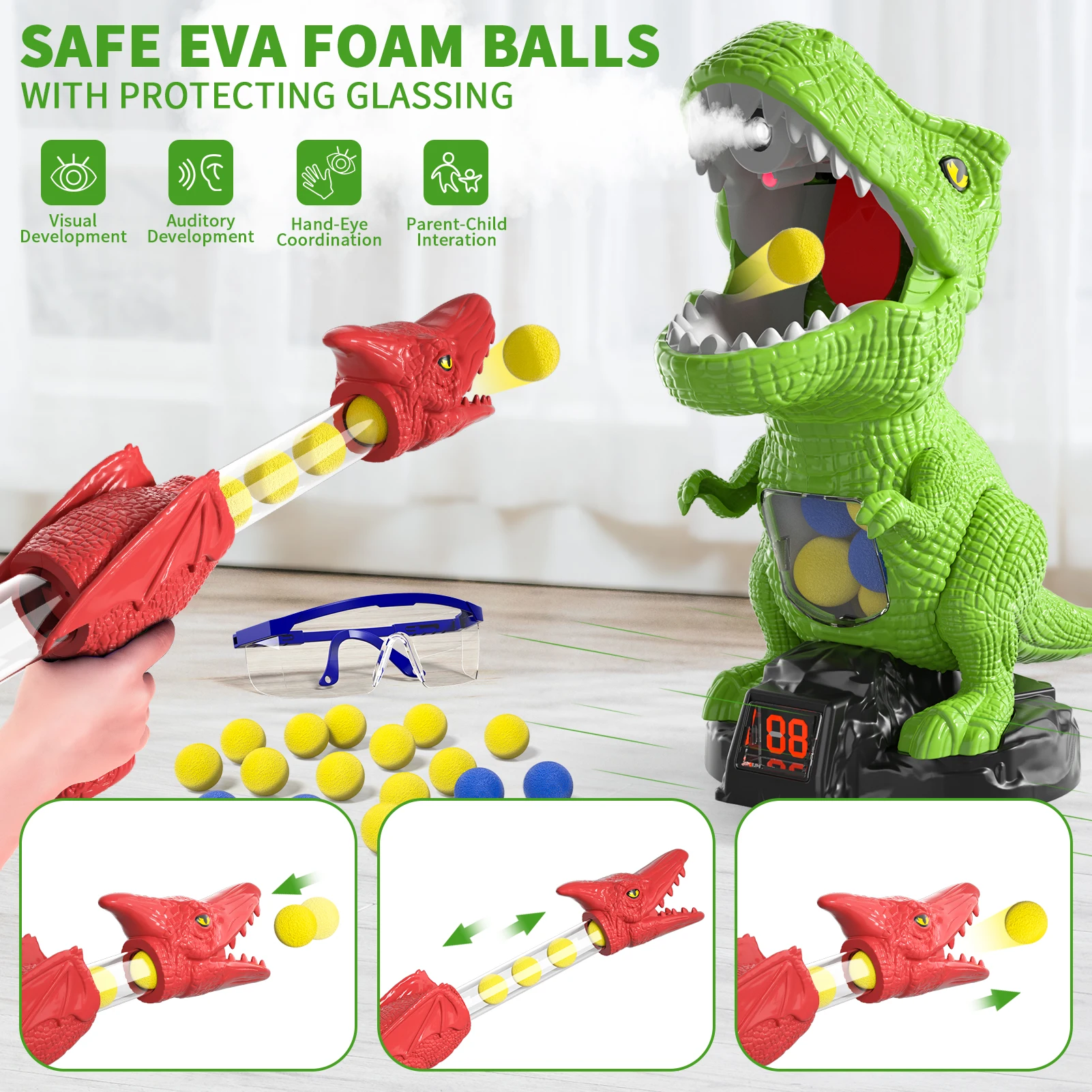 Movable Target Shooting Game Dinosaur Toy with 2 Air Pump Blaste for Kid 4 5 6 7 Years Old, Score Record,LED & Sound,