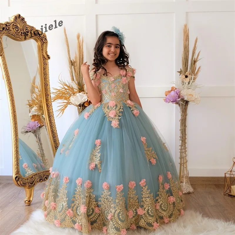 New Blue Sweet Quinceanera Dress For Baby Girls Floral Appliques Off Shoulder Junior Ball Gown Toddler Kids Party Dresses