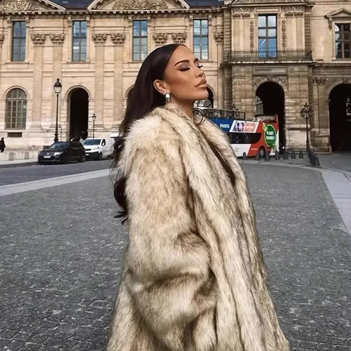 الفاخرة الشتاء المرأة فو الثعلب معطف الفرو التدرج موضة كم طويل التلبيب سيدة سترات من الفرو الدافئة شارع العليا السيدات معطف الفرو البيئي