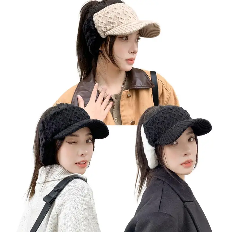 Ponytail Winter Hats For Women Open Top Visor Brim Crochet Hats Daily Beanies Golf Tennis Hats Warm Winter Hat For Women Girls