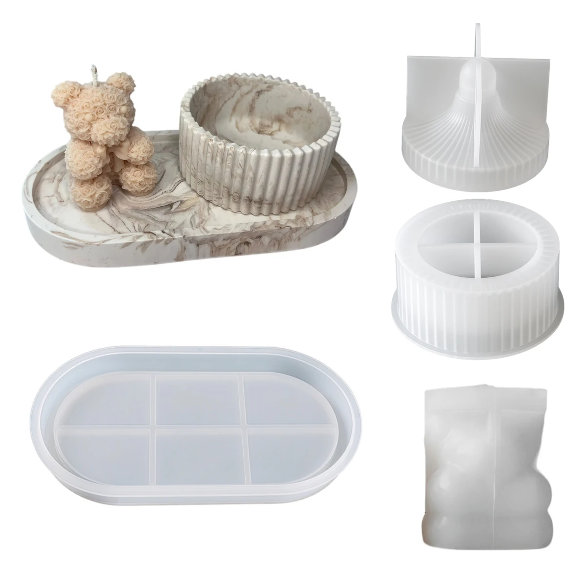 4pcs Silicone Molds For Candle Cup And Lid Tray Plaster Cement Concrete Resin Mold Roses Bear Soap Candle Mold Handicraft Mould