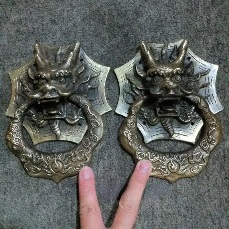 

A Pair Fengshui Classical Folk Rare Chinese old copper dragon door knocker Bells