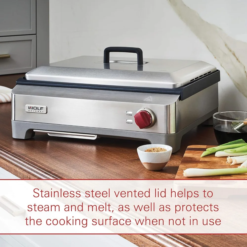 Electric Griddle, Indoor Grill, 200 sq. in, Nonstick Coating, Advanced Temperature Control, Stainless Steel, Red Knob