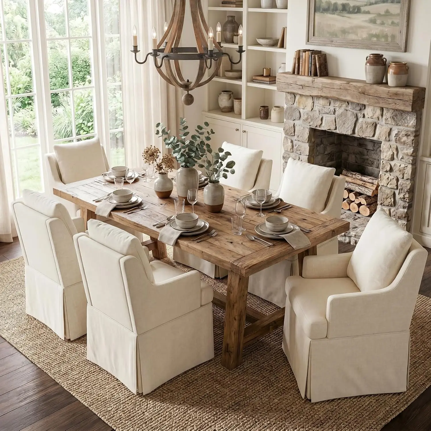 Upholstered Dining Chairs Set of 6, Modern Kitchen Chair Dining Room Chair with 4 Casters, Linen Armchair for Bedroom Reading